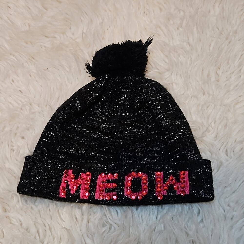 So Girls Black Meow Sparkly Beanie Winter Hat